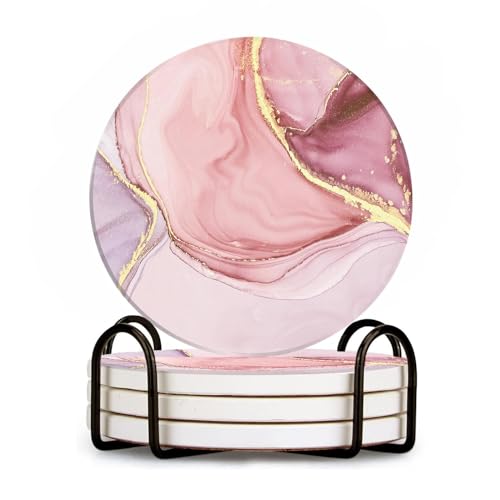 Drink Coasters Set of 4 with Holder Round Water Absorbent Pink Cute Marble Ceramic Coasters Tabletop Protection, Suitable for Various Mugs, Home Decor，Housewarming Gift, 4 Inch - color: Pink Marble