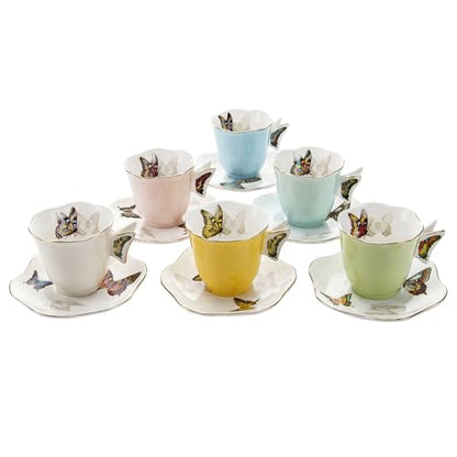 Solidith 8 Oz Espresso Cups With Saucers Set Of 6,Butterfly Ceramic Cups | Microwave and Dishwasher Safe,Perfect For Tea, Espresso, Cappuccino,Latte, Cafe