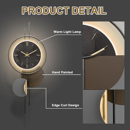 Modern Wall Clock for Living Room,Large Black Decorative Wall Clock with Light,Creative Silent Clock Battery Operated Metal Wall Art for Entryway/Bedroom/Office/Dinning Room/Kitchen Decor - size: 11"W x 26"H