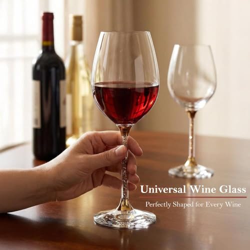 Matashi Crystal Wine Glasses Set of 2 (18.5 oz), Gold Crystal Filled Stem | Luxury Decorative Wine Glass Gift Set for Wedding, Anniversary, Elegant Red & White Wine Glasses