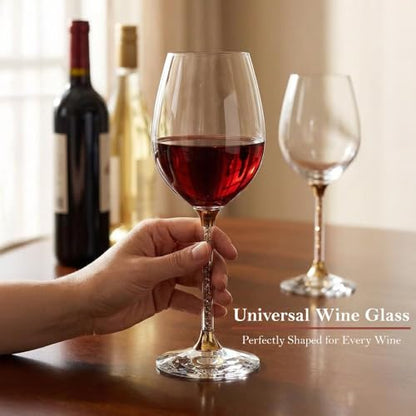 Matashi Crystal Wine Glasses Set of 2 (18.5 oz), Gold Crystal Filled Stem | Luxury Decorative Wine Glass Gift Set for Wedding, Anniversary, Elegant Red & White Wine Glasses