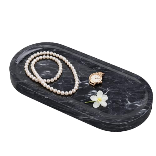 Polishing Bathroom Tray with Anti Slip Foot Pad,9.8x4.7x0.7in,Grey | Decorative Vanity Trays,Marble Dresser Platter,Elliptical Stone Plate with Natural Patterns for Perfume,Jewelry Organizer - color: Gray