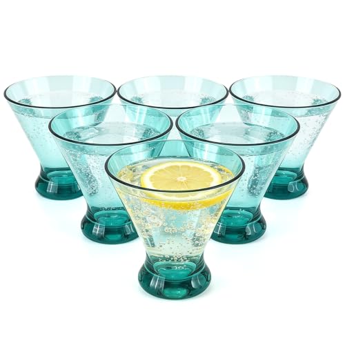 Set of 6 Plastic Stemless Martini Glasses 9 oz, Heavy Base Stable Cocktail/Drink/Juice/Red Wine Glasses, Fits Ice Cream/Milkshakes, Dishwasher Safe, Ideal for Home Party (Teal) - color: Teal