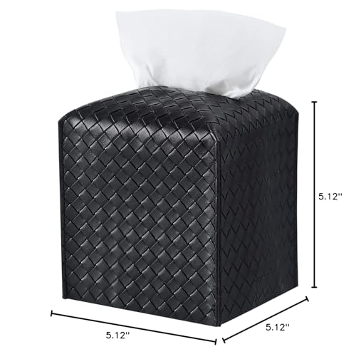 Tissue Box Cover PU Leather Tissue Holder Square Facial Tissue Case Facial Paper Organizer Dispenser for Bathroom, Vanity Countertop, Tabletop, Car, Black | PU Leather, Easy to Fill, Easy Clean, Decorative Tissue Box Holder for Office, Bathroom, Kitchen,