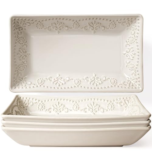 Salad Plates Set of 4, 9.85" Embossed Ceramic Rectangular Appetizer Plates, Deep Lipped Edges, Microwave & Dishwasher Safe, Dessert Sushi Pasta Serving Plates (White, Damask Floral) - color: White (Damask Floral), size: 9.85 inch