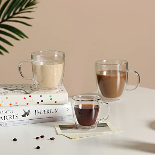 CNGLASS Double Wall Glass Coffee Mugs 12 oz,Insulated Glass Coffee Cups with Handle,Clear Espresso Mugs for Cappuccino,Latte,Tea Bags,Hot and Cold Beverages,Set of 2 - size: 12oz
