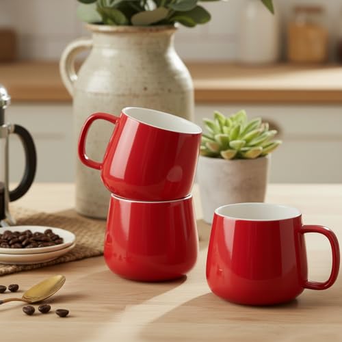Teocera Coffee Mugs Set of 6-12oz Chip-Resistant Ceramic Cups with Ergonomic Handle | Dishwasher & Microwave Safe Red Mugs | Keeps Beverage Hot, Perfect for Family Kitchen & Holiday Gifts - color: Red （Set of 6)