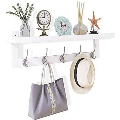 SMIBUY Coat Hooks with Shelf Wall-Mounted, 29.2 Inch Entryway Coat Rack for Wall, Bamboo Hanging Shelf with 5 Double Metal Hooks for Bathroom, Bedroom, Kitchen, Living Room, Mudroom (White) - color: White