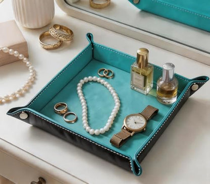 Valet Tray Desktop Storage Organizer – Vegan Leather Catchall Tray Bedside Vanity Tray Nightstand Caddy Holder for Remote Controller, Watch, Keys, Phone, Wallet, Coin, Jewelry, Sky Blue - color: Sky Blue