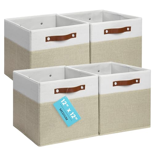 OrganiHaus 12x12 Cube Storage Bins, Set of 4 - Fabric Storage Cubes | Sturdy, holds its shape; odor-free; fits 12-inch cube shelves; vegan leather handles - color: Beige Base / Off-White, size: (12x12) Leather Handles