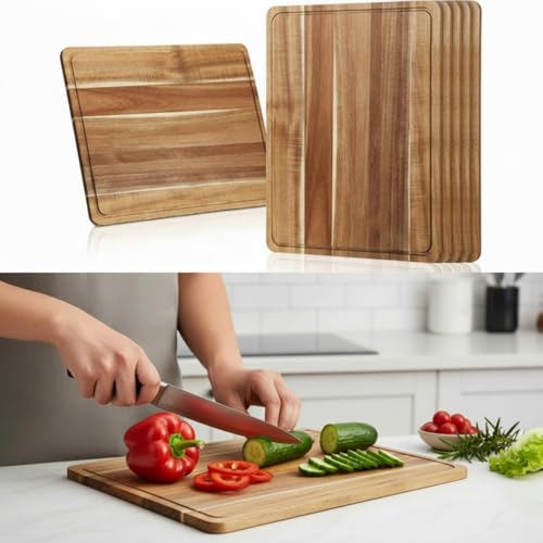 Nuogo 6 Pcs Large Acacia Wood Cutting Boards, Reversible Wooden Chopping Board with Juice Groove, Charcuterie Butcher Block for Kitchen Meat, Veggies & Fruit(20 x 15 Inch) - size: 20 x 15 Inch