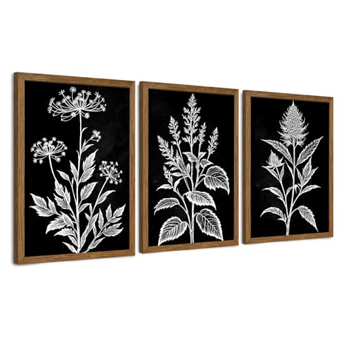 AVECCO 3 Pieces Black White Botanical Wall Art Canvas Framed 12x16 Inch | UV Fade-Resistant Ink, Triptych Botanical, Wooden Frame, Black White Line Art, Ready to Hang, Living Room Office Decor - color: Dark, size: 16"L x 12"W