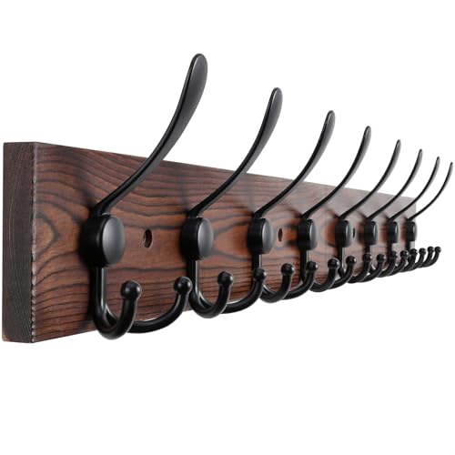 Kuhome 32.2'' Large Coat Rack Wall Mount Coat Hooks Coat Hanger with 8 Metal Black Triple- Hooks Brown Pine Real Wood Plank Hat Rack for Wall Hooks for Hanging Coat Hat Jacket - color: Brown Plate & Black Hook, size: 1 Item-8 Hooks