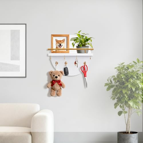 Key Holder Wall Mount with Shelf and Hooks, 11.8 Inch Entryway Gold Key Holder for Wall Decor (White&Gold)
