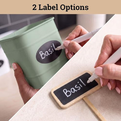 Herb Planter Indoor, 3-pc Herb Pots w/ Drainage Holes, Bamboo Tray & Labels | Iron Herb Pots, Varnished Bamboo Tray with Anti-Skid Base, Customizable Oval Sticker and Stick Labels & Chalkboard Marker Pen - color: Sage Green