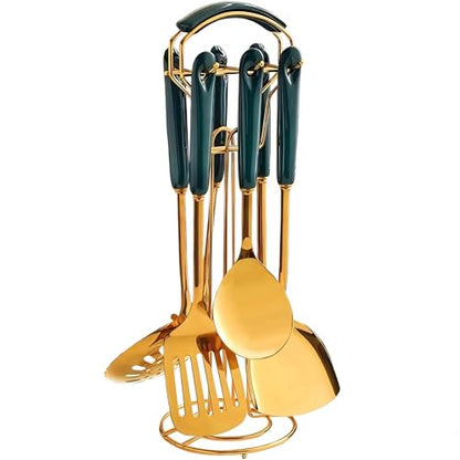 Stainless Steel Gold Kitchen Utensils Set with Holder, 7pcs Luxury Kitchen Accessories for Cooking Includes Soup Ladle, Metal Spatula, Slotted Spoon, Slotted Spatula, Pasta Spoon, Green & Gold - color: Green & Gold
