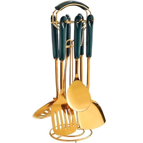 Stainless Steel Gold Kitchen Utensils Set with Holder, 7pcs Luxury Kitchen Accessories for Cooking Includes Soup Ladle, Metal Spatula, Slotted Spoon, Slotted Spatula, Pasta Spoon, Green & Gold - color: Green & Gold