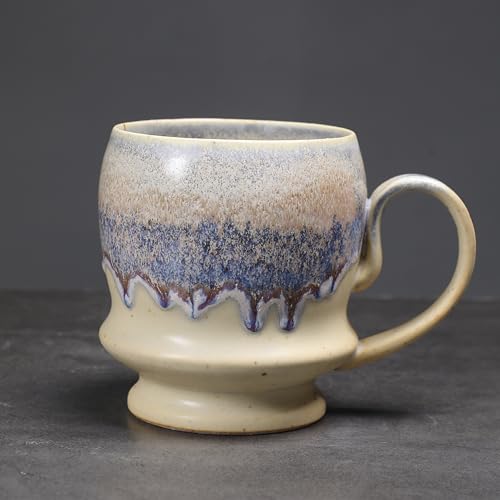 17oz Big Unique Handmade Pottery Coffee Mug with Comfortable Big handle, Reactive Glaze Ceramic Coffee Mug, Artisanal Stoneware Tea Mug,Lead-free Clay, Microwave and Dishwasher safe (White and Blue) - color: White and Blue