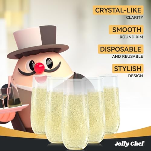 JOLLY CHEF 36 Pack Stemless Plastic Champagne Flutes 9 oz, Crystal Clear Stemless Plastic Toasting Glasses, Clear Disposable Unbreakable Drinkware Ideal for Wedding, Birthday, Party, Thanksgiving - color: Clear