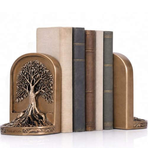 Antique Bronze Color Tree of Life Bookends Set, 2 Non-Skid Heavy Bookends for Shelves or Bookcase, Decorative Bookends for Desktop Shelf Decor, Library Office Decor, Home Décor Gift - color: Gold Bronze, size: Small