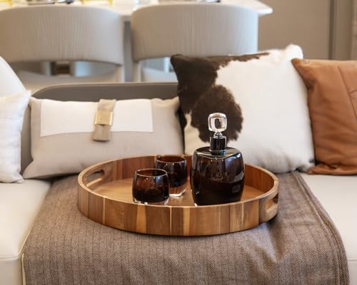 Round Wood Serving Trays Set of 2, Ottoman Tray Rustic Acacia Wooden Trays with Handles, Nesting Circle Tray with 4 Coasters for Coffee Table Living Room Bathroom Bedroom Party - color: 15.75"+13.78" Round Tray - Acacia