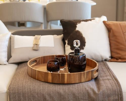 Round Wood Serving Trays Set of 2, Ottoman Tray Rustic Acacia Wooden Trays with Handles, Nesting Circle Tray with 4 Coasters for Coffee Table Living Room Bathroom Bedroom Party - color: 15.75"+13.78" Round Tray - Acacia