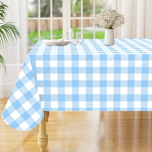 Square Waterproof Vinyl Table Cloth, Buffalo Flannel Backed Tablecloth, Wipeable Plastic Table Cover for Dinner, Kitchen, Outdoor (54" x 54", Baby Blue and White) - color: Baby Blue and White, size: 54" x 54" (Square)