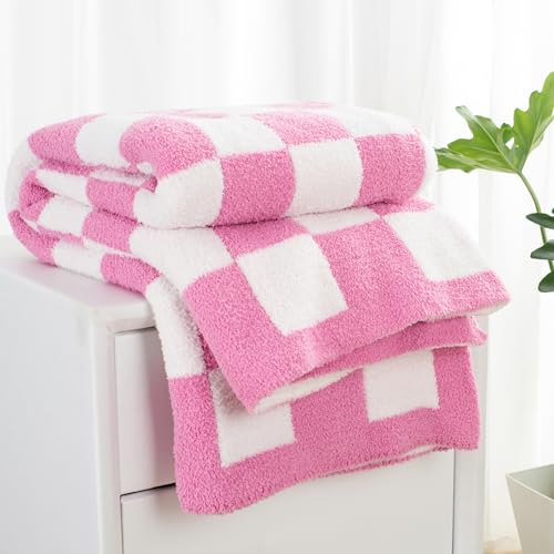 Carriediosa Checkered Throw Blanket 50x60, 400GSM Ultra Soft Microfiber | Hot Pink, Fuzzy Fluffy Cozy Plush Knit Knitted Plaid Checker, Lightweight Cute Preppy Fall Blankets & Throws for Couch, Bed - color: Check - Hot Pink, size: 50" X 60"