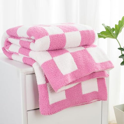 Carriediosa Checkered Throw Blanket 50x60, 400GSM Ultra Soft Microfiber | Hot Pink, Fuzzy Fluffy Cozy Plush Knit Knitted Plaid Checker, Lightweight Cute Preppy Fall Blankets & Throws for Couch, Bed - color: Check - Hot Pink, size: 50" X 60"