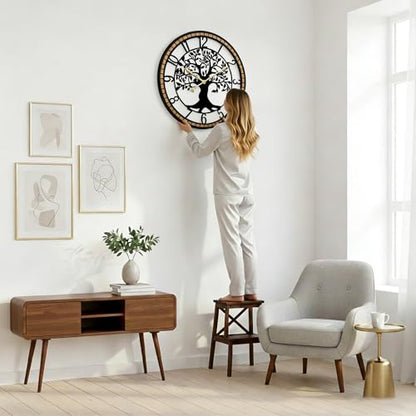 Large Wall Clock for Living Room Decor 32 Inch Tree of Life Metal Wall Art, Non-Ticking Battery Operated Metal Black with Solid Wood Frame for Office/Bedroom/Kitchen/Dining Room Decoration - size: B 32 Inch