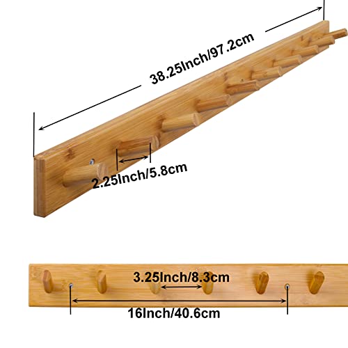 SKOLOO Wall Mounted Coat Rack 38", 10 Hooks, Bamboo, Shaker Style, Natural | Wood wall hooks, painted finish, 100-lb cap, entry/bath/bed, hanging backpack coat towel hat, long pegs, 16" stud spacing - color: Bamboo Gold, size: 38 inch