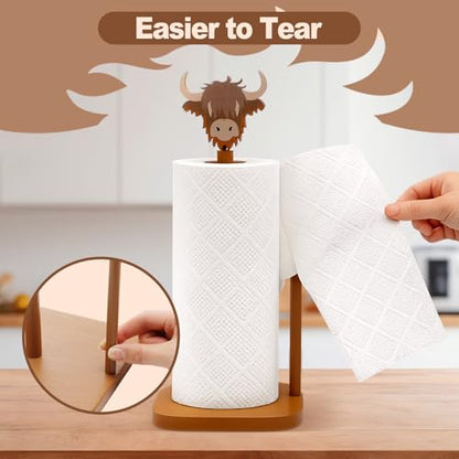 Leinuosen Brown Paper Towel Holder Cute Highland Cow Wooden Paper Towel Holder Brown Bathroom Countertop Accessories Kitchen Stand Organizer Standing Apartment Decor Housewarming Gift - style: Highland Cow