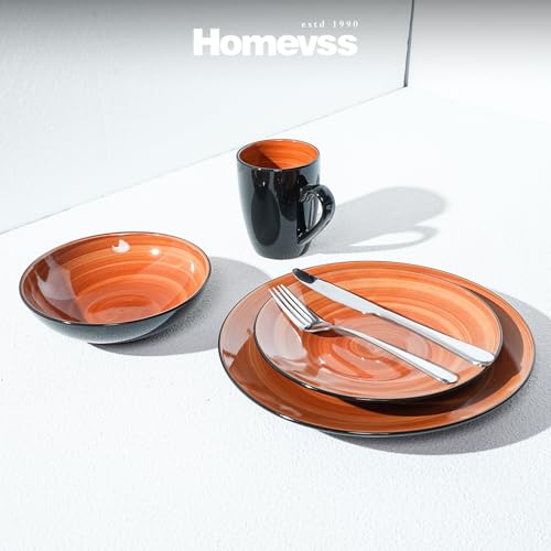 HomeVss, Sonoma Stoneware 16pc Dinnerware Set, Outside Black + Inside Hand Painting Color Spice - color: Spice