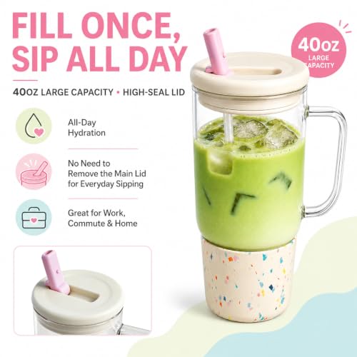 40oz Glass Tumbler with Flip Straw Lid, Handle, Silicone Sleeve, Beige | Leakproof Lid, Fits Car Cup Holder Glass for Iced Coffee, Water, Cold Drinks, Travel, Outdoor, Partys&Home - color: White