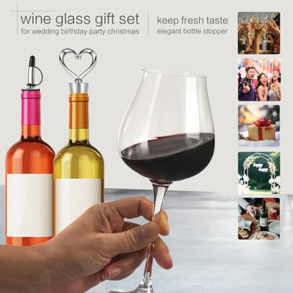 Wine Glasses Set of 2, 17.2 oz Hand Blown Clear Crystal Glass | Long Stem Red/White Wine Glasses with Stopper and Pourers, Unique Gift for Birthday, Wedding, Anniversary