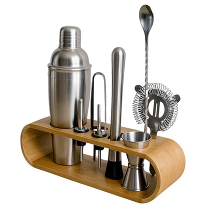 Cocktail Shaker Set Bartender Kit with 10 Bar Tools & Bamboo Stand – Martini Shaker, Jigger, Strainer, Muddler, Mixer Spoon, Pourers – Home Bar Set & Gift for Men (Silver)