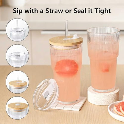 Ruckae 20oz Ribbed Glass Tumbler with Lids and Straws – 2 Pack Leak Proof Iced Coffee Cup– Aesthetic Glass Cups with Bamboo Lids for Home,Office,Travel and Gifts (2, Transparent) - color: Transparent with Stripe, size: 20oz-2pack