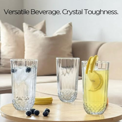 Highball Drinking Glasses Set of 6, 12 oz Crystal-Cut Water Glasses, Tall Clear Tumblers for Cocktails, Mixed Drinks – Elegant Durable Glassware, Dishwasher-Safe Premium Drink Cups for Home&Kitchen