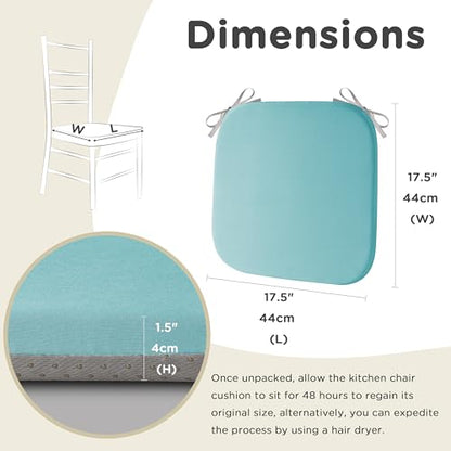 AddGrace Memory Foam Chair Cushions for Dining Chairs Set of 4 Light Blue | 17.5"x17.5"x1.5", with Ties and Non Slip Bottom, Washable Cover, Soft and Skin-friendly Fabric, for Kitchen Dining Room - color: Light Blue