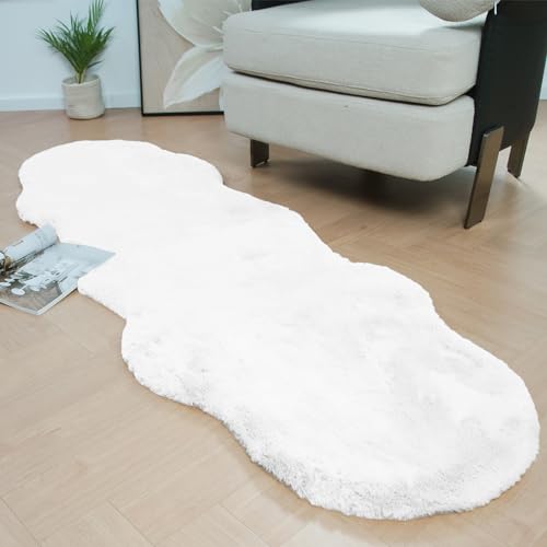 Latepis White Runner Rugs for Bedroom Soft Fuzzy Faux Sheepskin Rug 2x6 Faux Rabbit Fur Rugs Non-Slip Washable Shag Fluffy Rug for Living Room Nursery Dorm - color: White, size: 2' x 6' (Accent)