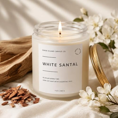 White Santal Scented Candle for Home | Natual Soy Wax | 50 hrs Burn Time | Hand Poured in Small Batches | Premium Fragrance - color: White Santal