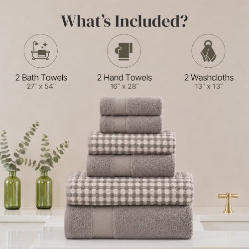 Modern Threads 6 Piece Cotton Bath Towel Set – Ultra Soft 600 GSM Towels – Bathroom Set with Hand Towels and Washcloths – Waffle (Classic Taupe) - color: Classic Taupe, size: Standard, style: Waffle