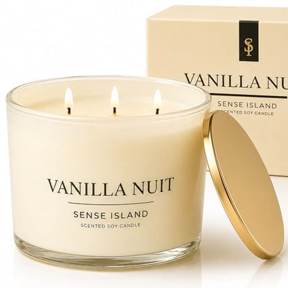 Luxury Vanilla Soy Candles, Large 3 Wick Jar Candle for Home | Up To 50 Hours Burn | 100% Natural Soy Wax, Beige Glass with Gold Lid, Luxury Gift for Women | Creamy Vanilla Scented
