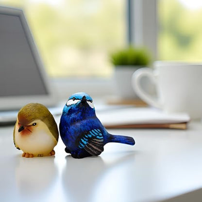 Resin Bird Figurines Set of 2, 2.4 Inch Grumpy Bird Decor | Hand-painted cobalt blue and olive-yellow birds, 2.6 oz each, with flat bases for stable indoor and outdoor display
