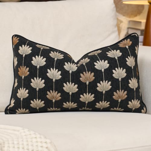 12x20 Pillow Cover, Black Floral Soft Decorative Lumbar Pillow Cover | Farmhouse Home Decor, Neutral Jacquard Patterned, Chenille Rectange Throw Pillow Cover, Accent Cushion Cover, Adding Texture - color: Black Floral, size: 20" x 12" (Pack of 1)