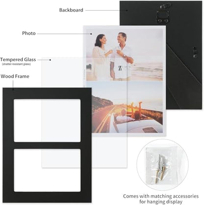 4x6 2-Opening Collage Frame Black Wood | Two 4x6 openings, shatter-resistant glass, tabletop & wall mount - size: 4x6 - 2 Opening