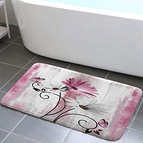 Rustic Farmhouse Bath Mat Set, Farm Pink Daisy Floral Flowers and Butterfly on Country Wooden Bathroom Mat Set with Non-Slip Bath Rug, Soft Toilet Lid Cover and Contour Mat, Grey White(Pink) - color: Pink