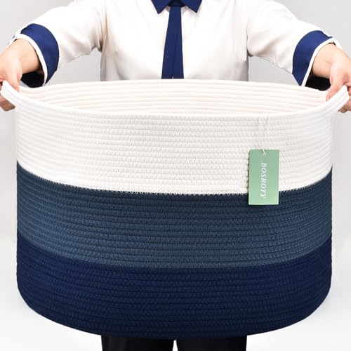 Large Cotton Rope Blanket Basket, 87L Laundry Hamper, White & Blue | Collapsible Woven Nursery Hamper, Sturdy Handles for Clothes Toys Towels, Ideal for Living Room Bedroom Bathroom - color: White & Cadet Blue & Navy Blue, size: 87L (22"x14")