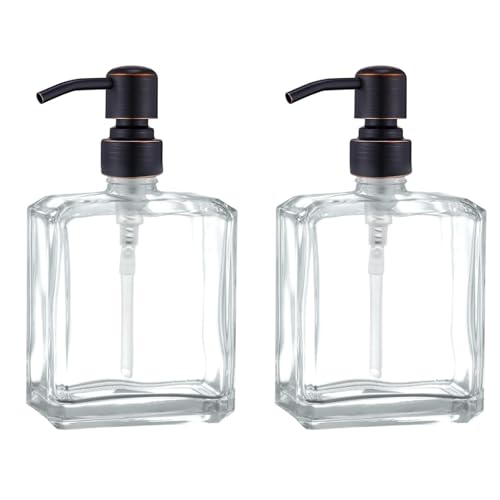 Clear Glass Soap Dispenser with Oil Rubbed Bronze Pump 2 Pack, 13.5 OZ Liquid Soap Dispenser Square with Stainless Steel Pump for Dish Hand Soap Bathroom Kitchen Vanity Countertop - color: Oil Rubbed Bronze, size: 2X13.5 oz