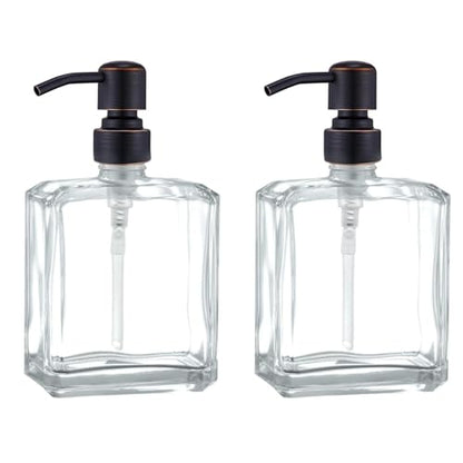 Clear Glass Soap Dispenser with Oil Rubbed Bronze Pump 2 Pack, 13.5 OZ Liquid Soap Dispenser Square with Stainless Steel Pump for Dish Hand Soap Bathroom Kitchen Vanity Countertop - color: Oil Rubbed Bronze, size: 2X13.5 oz